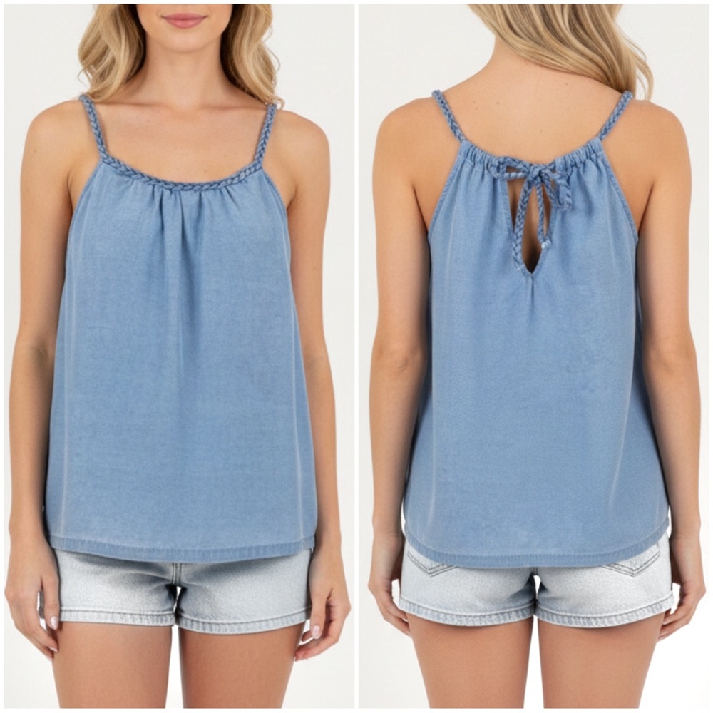 Joie Tencel Braided Strap Chambray Tank Top Minimalist soft flowy boho denim